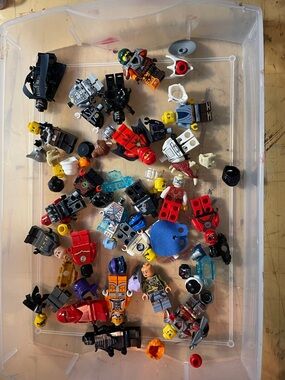 Lego Minifigure Parts Lot with Red, Blue, Black, White, Yellow Accents